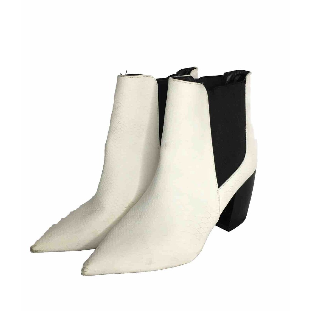 White Faux Snake Print Pointed Toe Block Heel Ankle Boots Women's Size 10